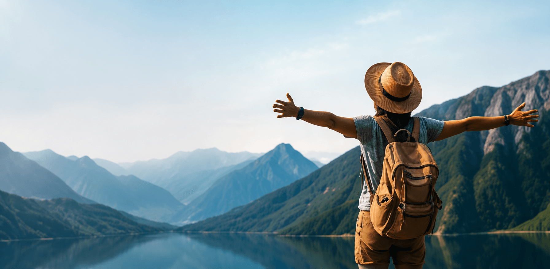 Traveler with arms outstretched facing a mountain lake